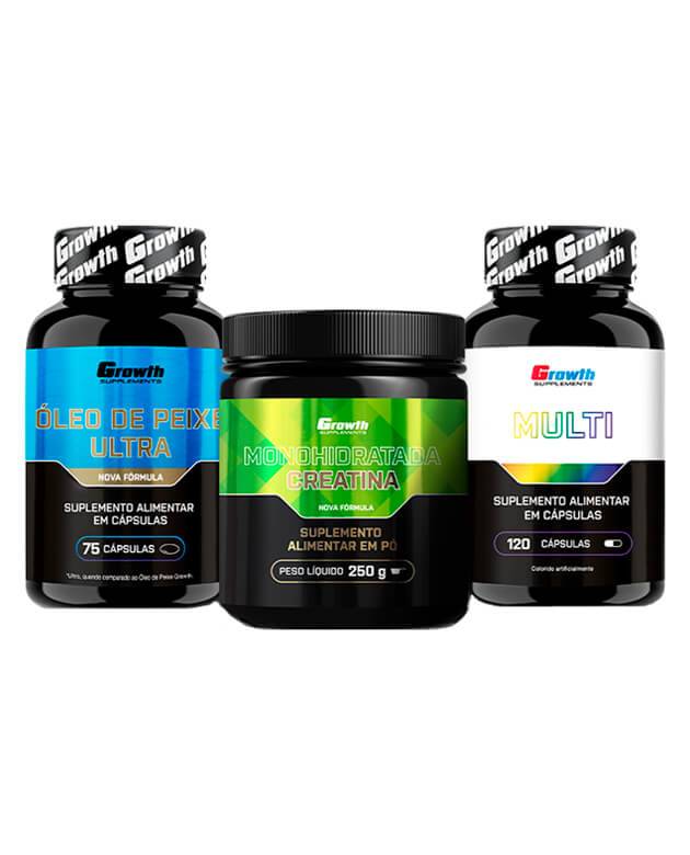 Kit Creatina Monohidratada 250g + Multivitamínico 120 caps + Óleo de Peixe Ultra 75 caps