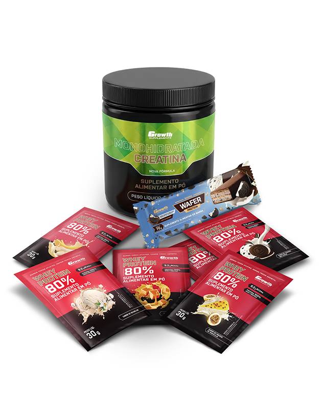 Kit Sabores - Barra Wafer + Creatina 250g + dose 30g Whey 80% (6 sabores)