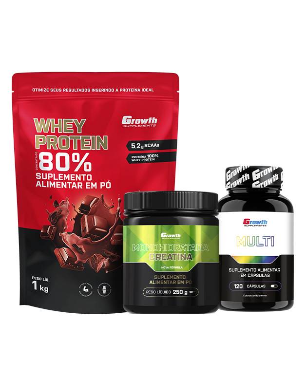 Kit Whey Protein Concentrado 1kg + Creatina Monohidratada 250g + Multivitamínico 120 caps