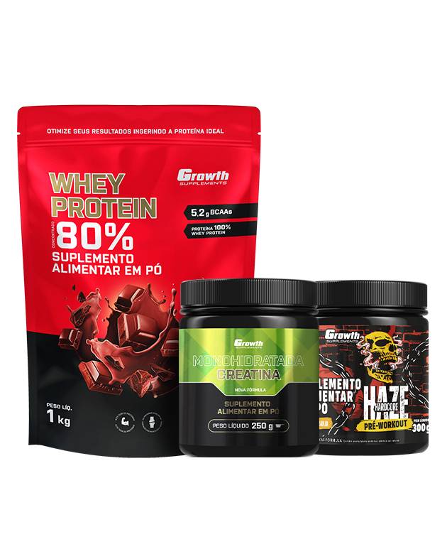 Kit Whey Protein Concentrado 1kg + Creatina Monohidratada 250g + Pré-Treino Haze Laranja 300g